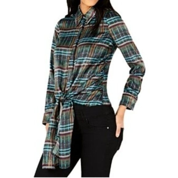 JOA Green Satin Plaid Tie Front Silky Long Sleeve Top - Picture 3 of 14